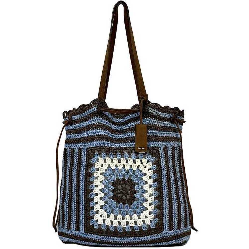 Miu Miu Tote Bag Blue Brown Astrale RAFIA Raffia Mesh Shoulder Drawstring
